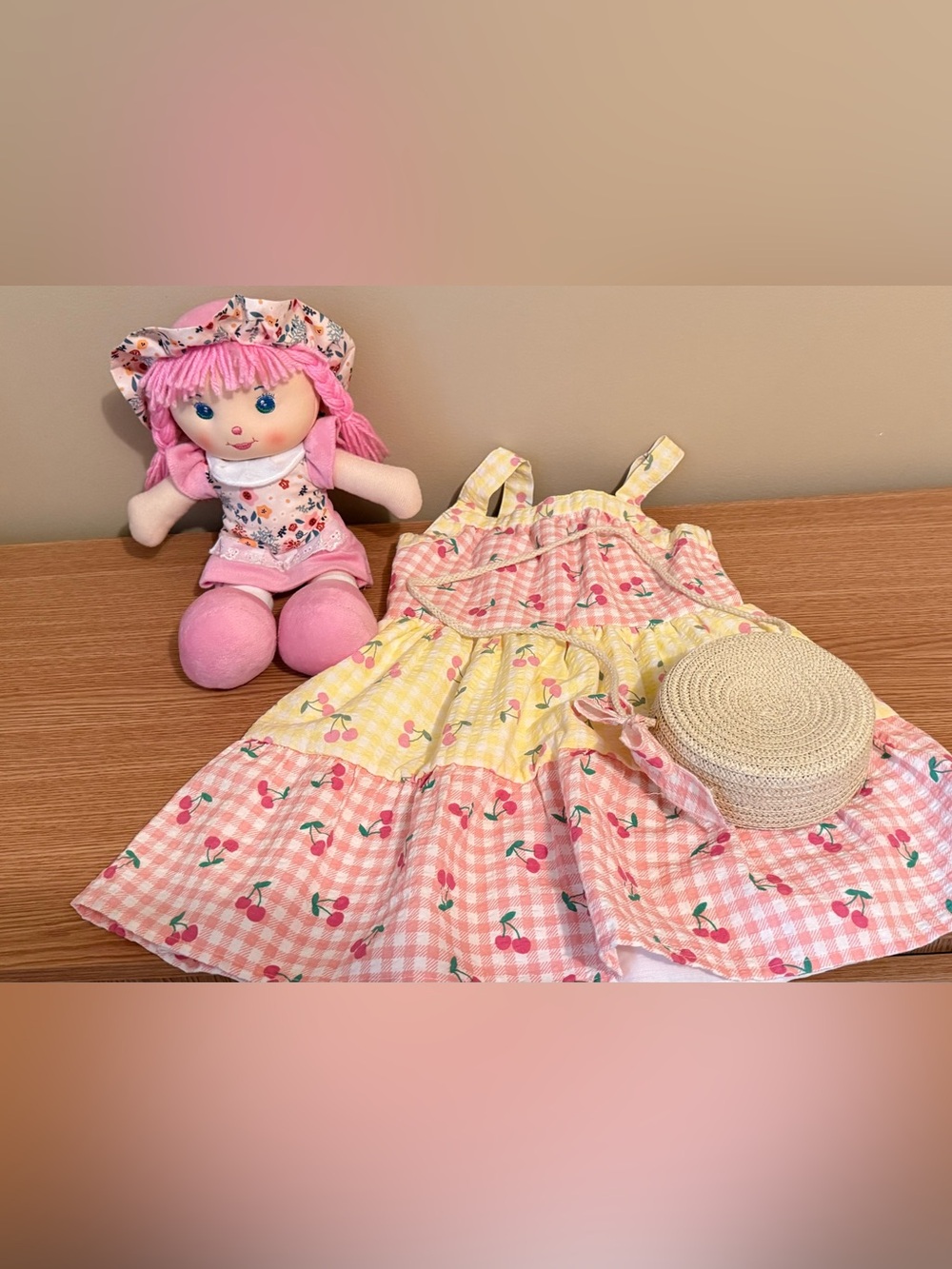 btween Pink and Yellow Cherry Tiered Sundress with Straw purse